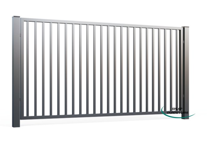 Pionowe ogrodzenie palisadowe z ciemnych profili metalowych wokół ogrodu